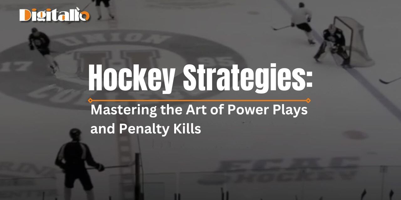 Overhead view of a hockey game in progress highlighting players in a strategic formation for power plays and penalty kills, with the title 'Hockey Strategies: Mastering the Art of Power Plays and Penalty Kills' overlaid on the image.
