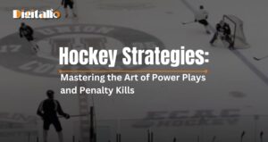 Overhead view of a hockey game in progress highlighting players in a strategic formation for power plays and penalty kills, with the title 'Hockey Strategies: Mastering the Art of Power Plays and Penalty Kills' overlaid on the image.