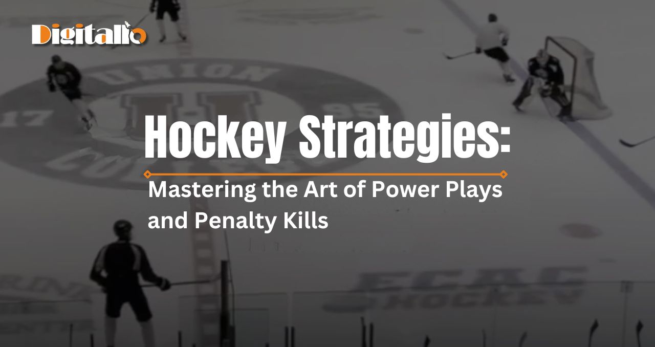 Overhead view of a hockey game in progress highlighting players in a strategic formation for power plays and penalty kills, with the title 'Hockey Strategies: Mastering the Art of Power Plays and Penalty Kills' overlaid on the image.